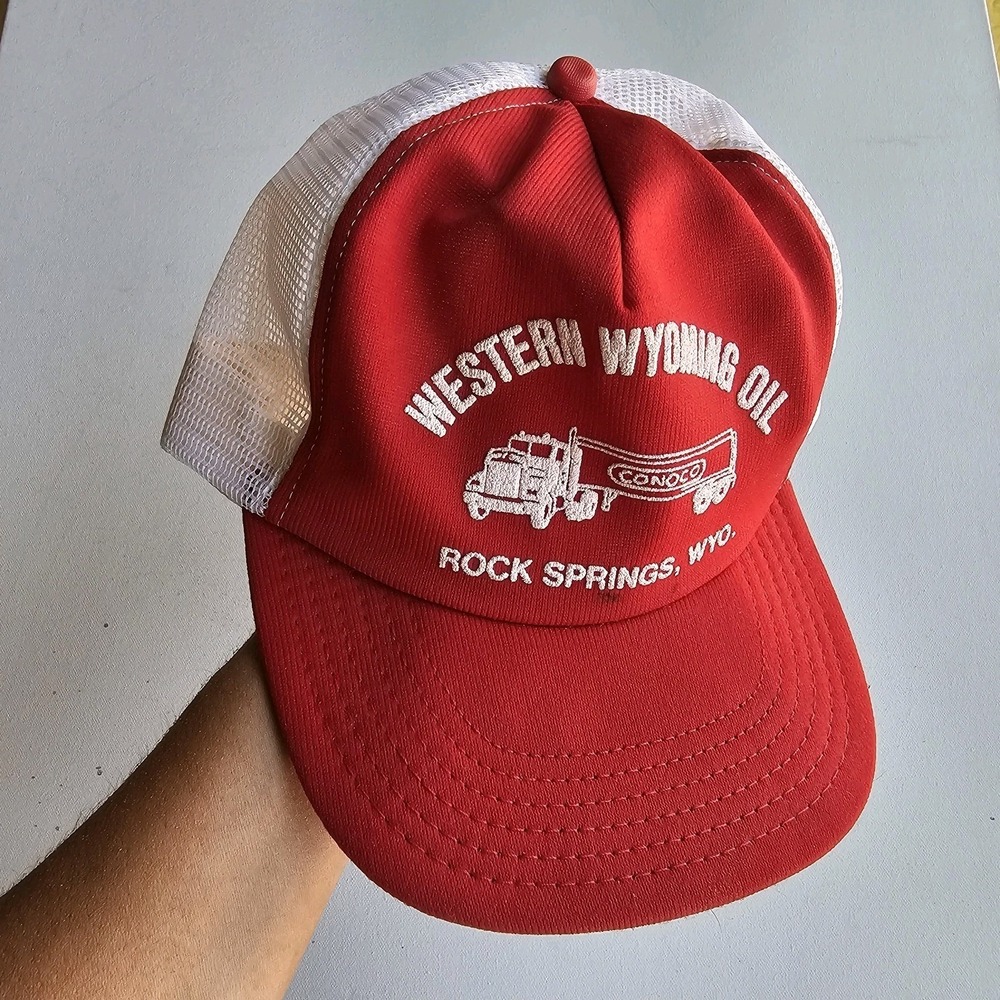 1980s Vintage Conoco Trucker Mesh Snapback Hat Cap Made in USA Red White